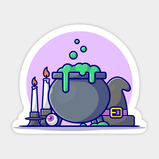 Cauldron And Witch Hat, Candles Halloween Cartoon Vector Icon Illustration Sticker